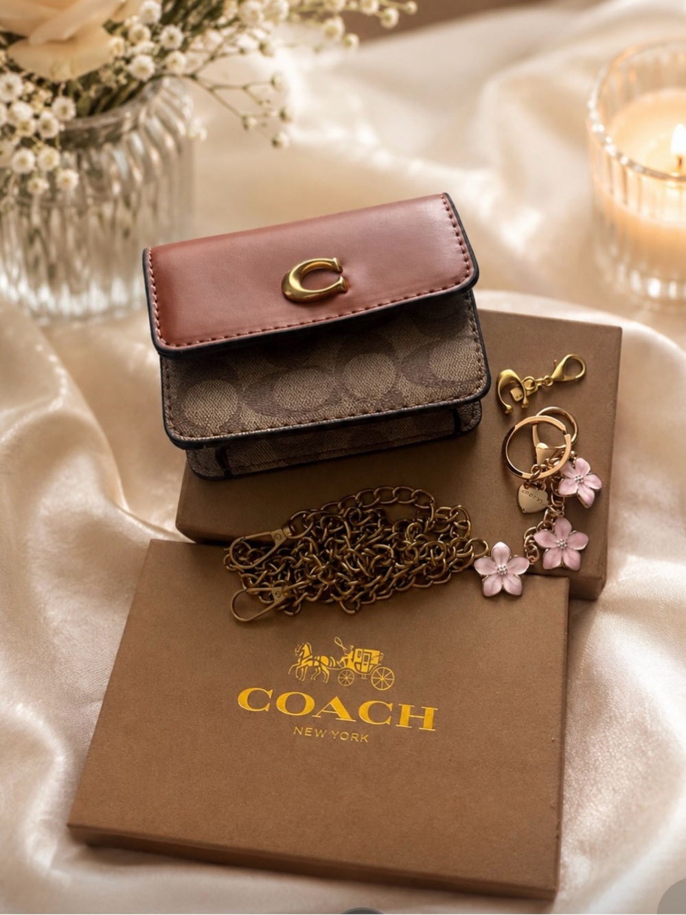 Coach Brown Leather & Signature Canvas Card Case with Gold 'C' Charm